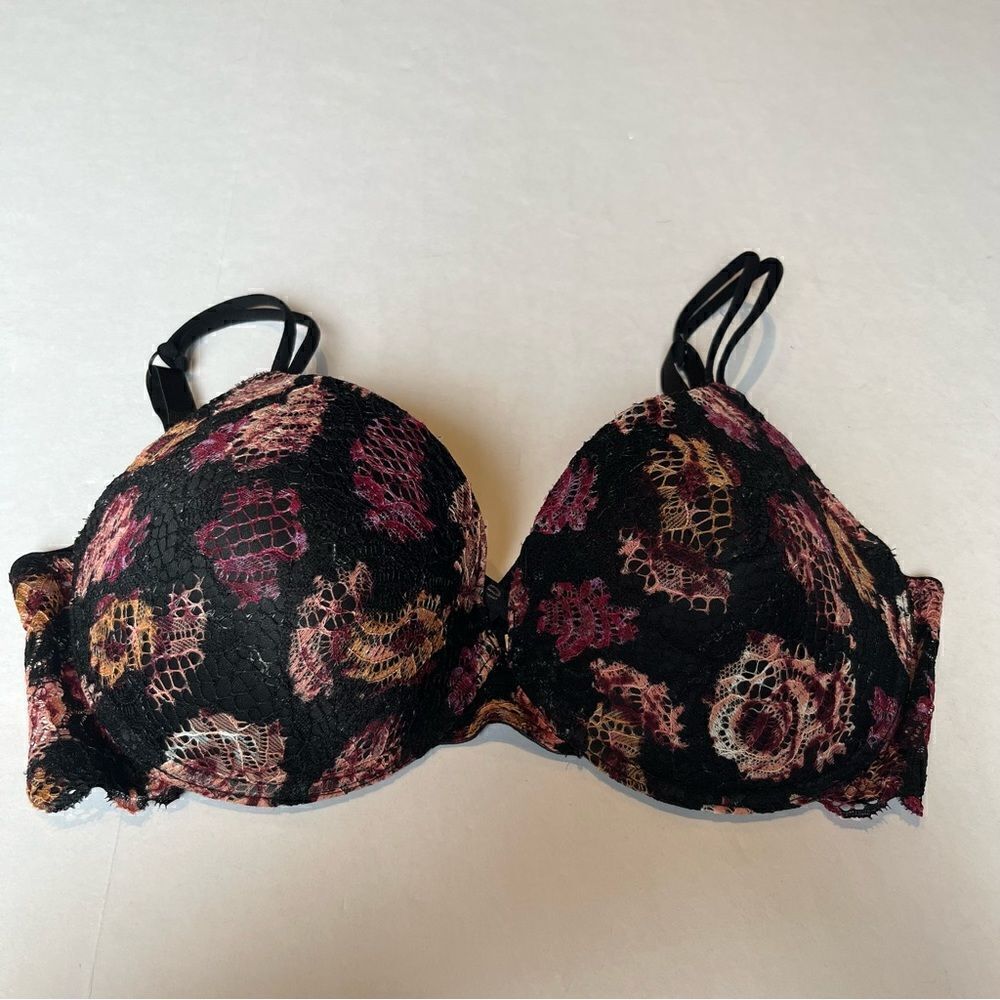 Beautiful Bebe Bra Push Up 34DD Black with pink multi color design and lace